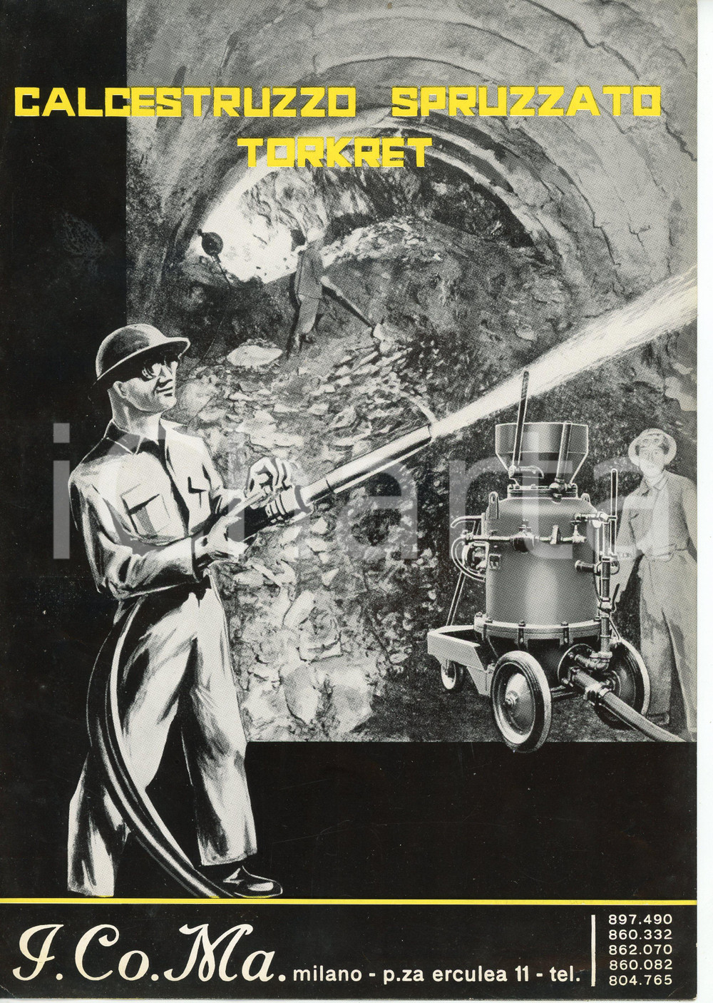 1955 ca MILANO - I.CO.MA. Calcestruzzo spruzzato TORKRET Pieghevole 21x30 cm Pieghevole illustrato d'epoca.PAGINE: 4 facciate FAIR/discreto Lievi piegature agli angoli Formato: 21x30 cm originale e autentica 1