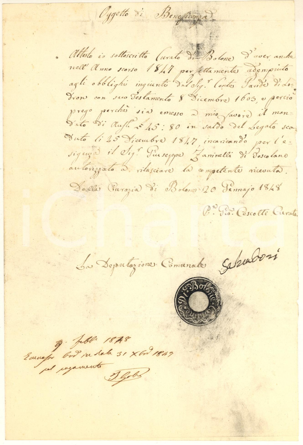 1848 BOLONE (BS) Padre Giovanni CESCOTTI - Saldo legato conte Paride LODRON Lettera autografa del curato, padre Giovanni Cescotti, che chiede la riscossione di un legato.PAGINE: 1 FAIR/discreto piegature d'epoca Formato: 16x24 cm originale e autentica 1