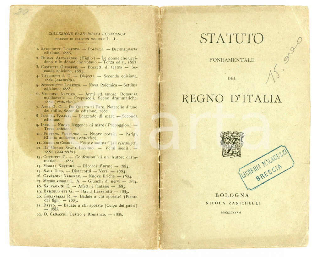 1886 REGNO D'ITALIA Statuto fondamentale - Ed. Nicola ZANICHELLI Pubblicazione d'epoca.Con timbro in copertina della Libreria Malaguzzi di Brescia. EDITORE: Nicola Zanichelli - BolognaPAGINE: 30 POOR/danneggiato Esteso aloni in quarta di copertina e nelle ultime pagine, piegature e piccoli strappi diffusi Formato: 10x16 cm originale e autentica 1