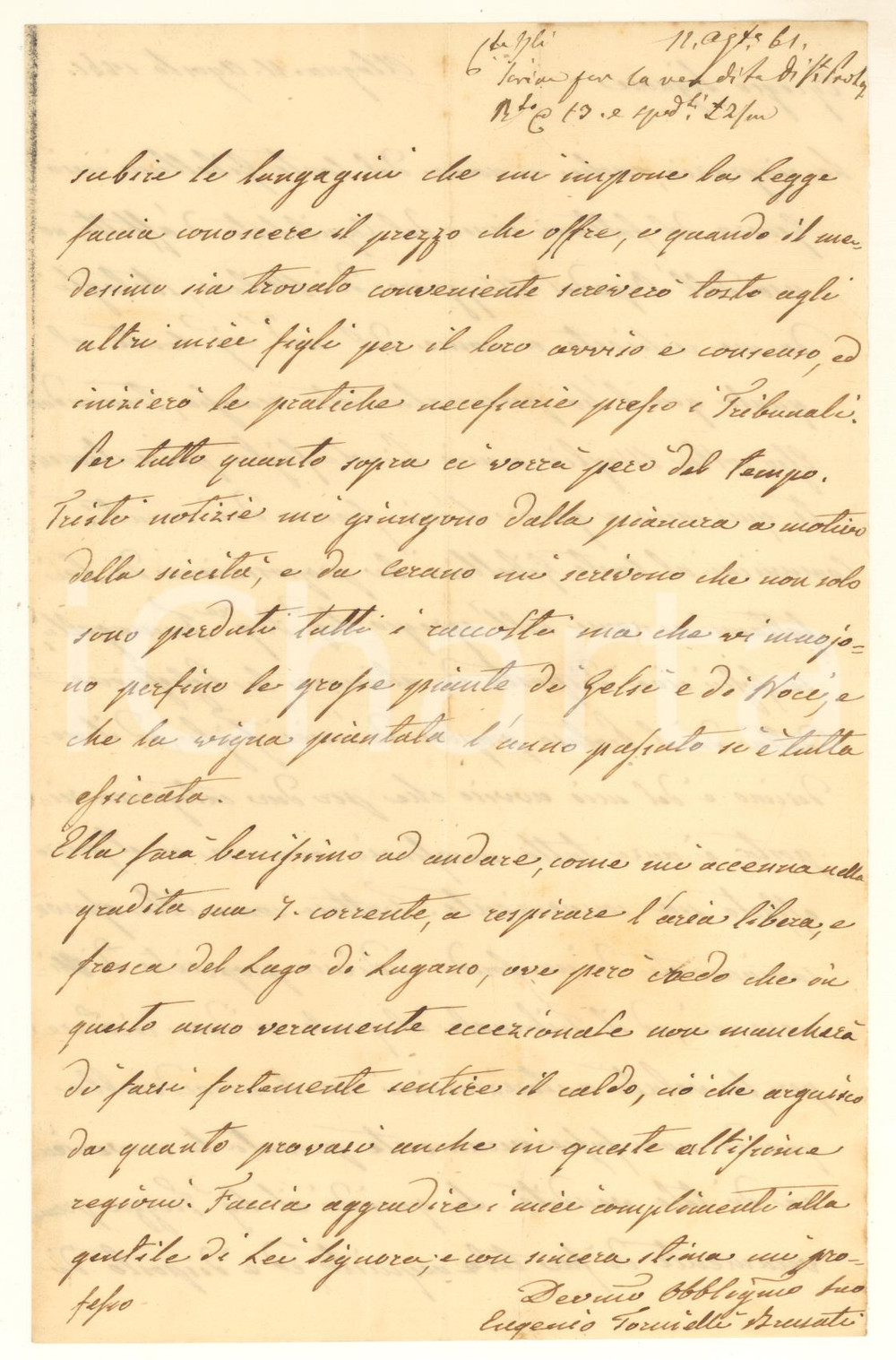 1861 ALAGNA Eugenio TORNIELLI BRUSATI su vendita fondo S. PROTASO *AUTOGRAFO Lettera interamente autografa dell'on. Eugenio Tornielli Brusati.PAGINE: 1 (2 facciate) FAIR/discreto piegature d'epoca Formato: 14x21 cm originale e autentica 1