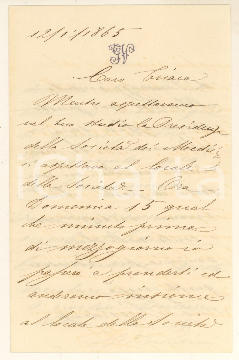 1865 MILANO Lettera Gennaro VISCONTINI - Serata alla Società d'Incoraggiamento Lettera autografa di Gennaro Viscontini, relativa a una serata presso la Società d'Incoraggiamento d'Arti e Mestieri finalizzata alla discussione di un affare.Su carta intestata con monogramma.PAGINE: 4 (1 bianca) FAIR/discreto piegature d'epoca Formato: 10x15 cm originale e autentica 1