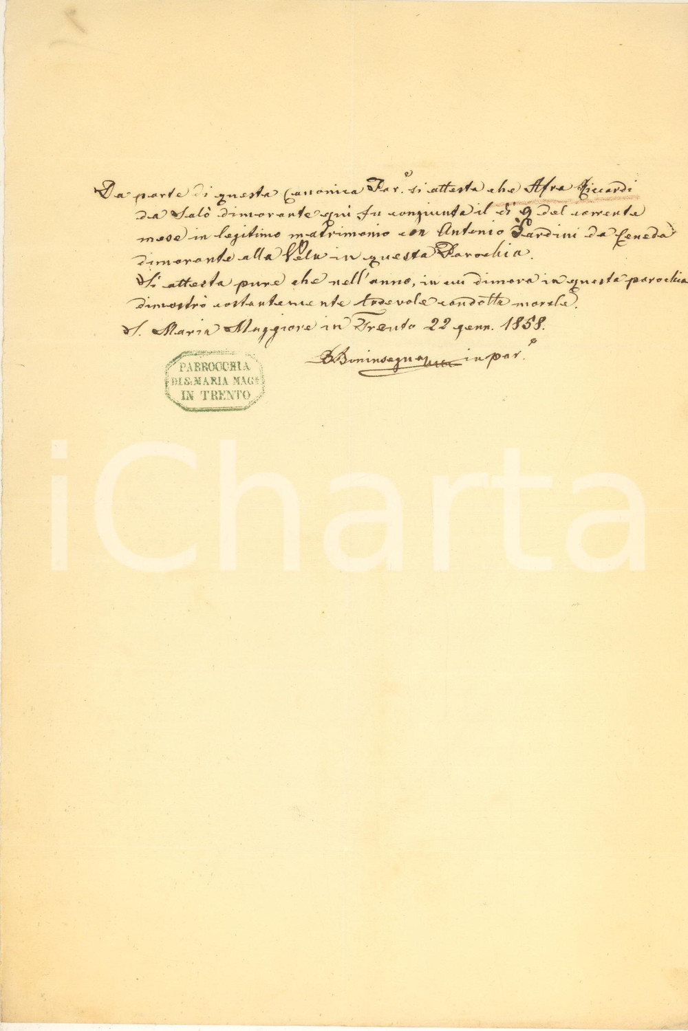 1858 TRENTO S. Maria Maggiore - Certificato nozze Afra RICCARDI Antonio GARDINI Certificato manoscritto, rilasciato da don Bartolomeo Boninsegna, parroco di S. Maria Maggiore.Timbro della parrocchia.PAGINE: 1 GOOD/buono lievi piegature d'epoca Formato: 21x31 cm originale e autentica 1