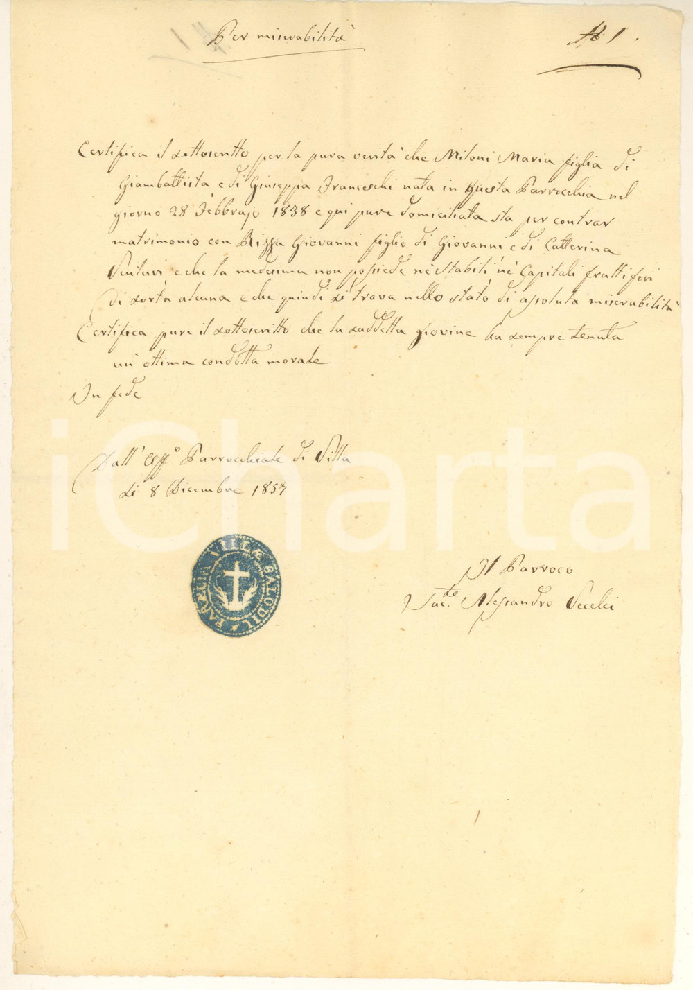 1857 VILLA DI SALO' Certificato miserabilità Maria MILONI *Don Alessandro VECCHI Certificato manoscritto, rilasciato dal parroco, don Alessandro Vecchi.Timbro della parrocchia.PAGINE: 1 GOOD/buono lievi piegature d'epoca Formato: 21x31 cm originale e autentica 1