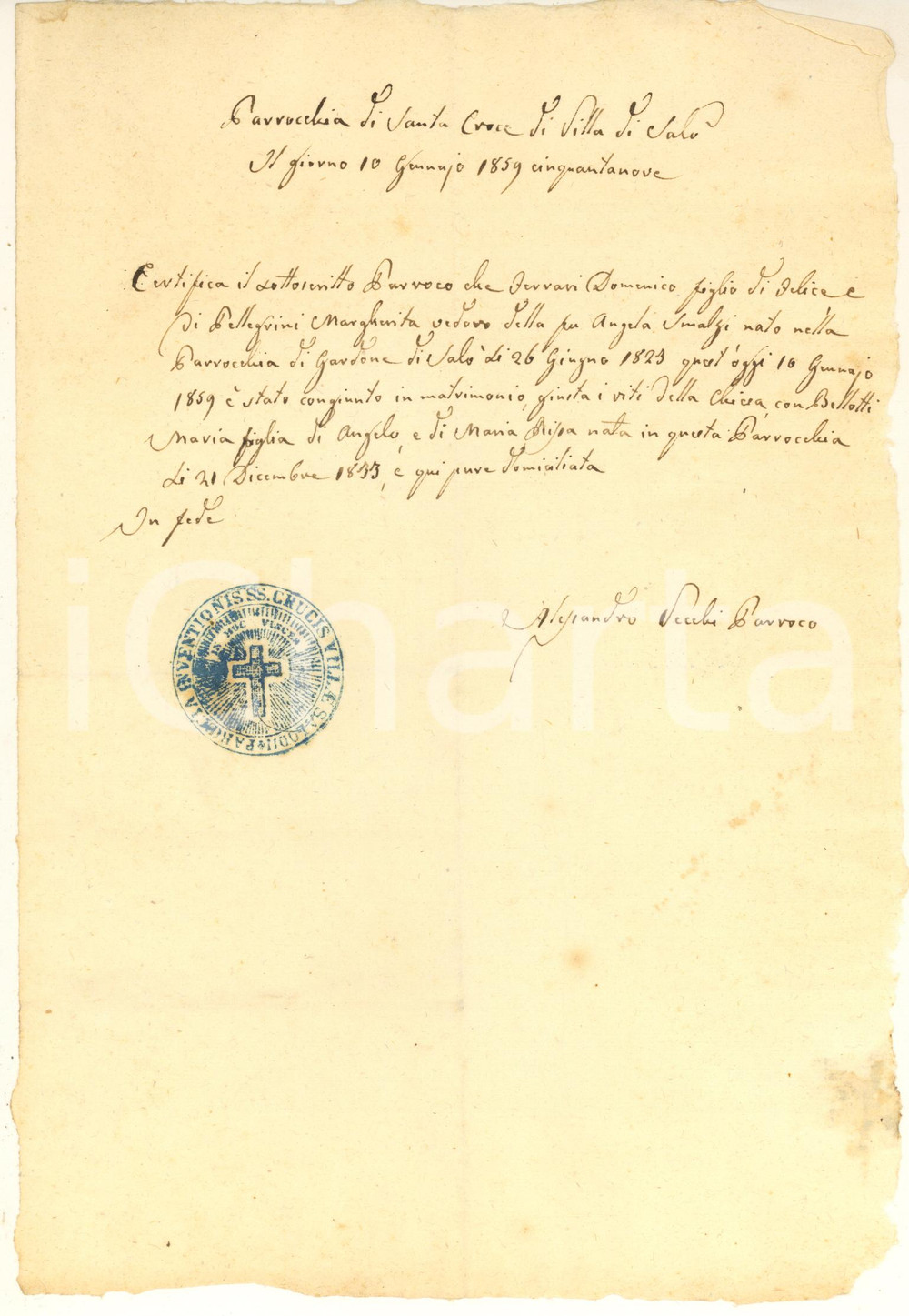 1859 VILLA DI SALÒ Certificato nozze Domenico FERRARI Maria BELLOTTI *Don VECCHI Certificato manoscritto, rilasciato dal parroco, don Alessandro Vecchi.Timbro della parrocchia.PAGINE: 1 GOOD/buono lievi piegature d'epoca Formato: 20x28 cm originale e autentica 1