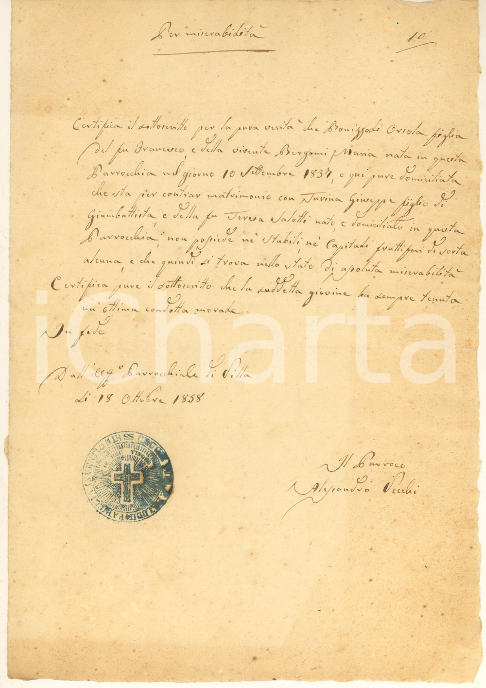 1858 VILLA DI SALÒ (BS) Certificato miserabilità Orsola BONIZZOLI *Don VECCHI Certificato manoscritto, rilasciato dal parroco, don Alessandro Vecchi.Timbro della parrocchia.PAGINE: 1 FAIR/discreto piegature d'epoca Formato: 20x28 cm originale e autentica 1