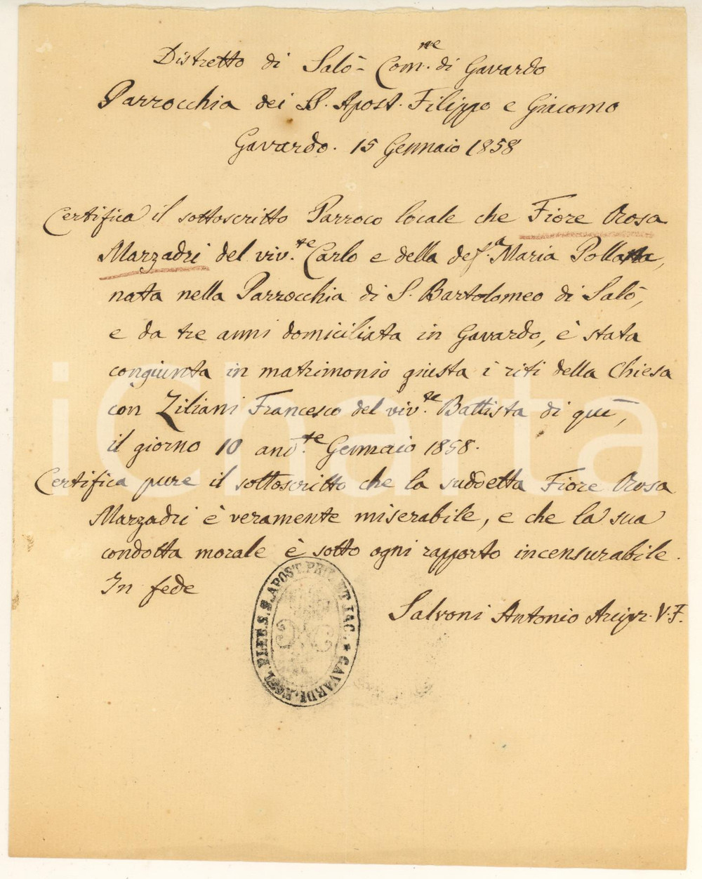 1858 GAVARDO Certificato nozze Fiore Rosa MARZADRI Francesco ZILIANI Certificato manoscritto, originale d'epoca, rilasciato dall'arciprete e vicario foraneo, don Antonio Salvoni.Timbro della parrocchia.PAGINE: 4 (1 scritta) FAIR/discreto piegature d'epoca Formato: 18x22 cm originale e autentica 1