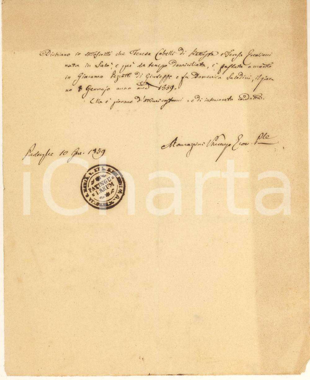 1859 PADENGHE SUL GARDA - Certificato nozze Teresa COBELLI Giacomo PEZZOTTI Certificato manoscritto, originale d'epoca, rilasciato da Vincenzo Morazzini.Timbro della parrocchia di Santa Maria Assunta e Sant'Emiliano.PAGINE: 1 FAIR/discreto piegature d'epoca; ingiallimento marginale Formato: 20x23 cm originale e autentica 1