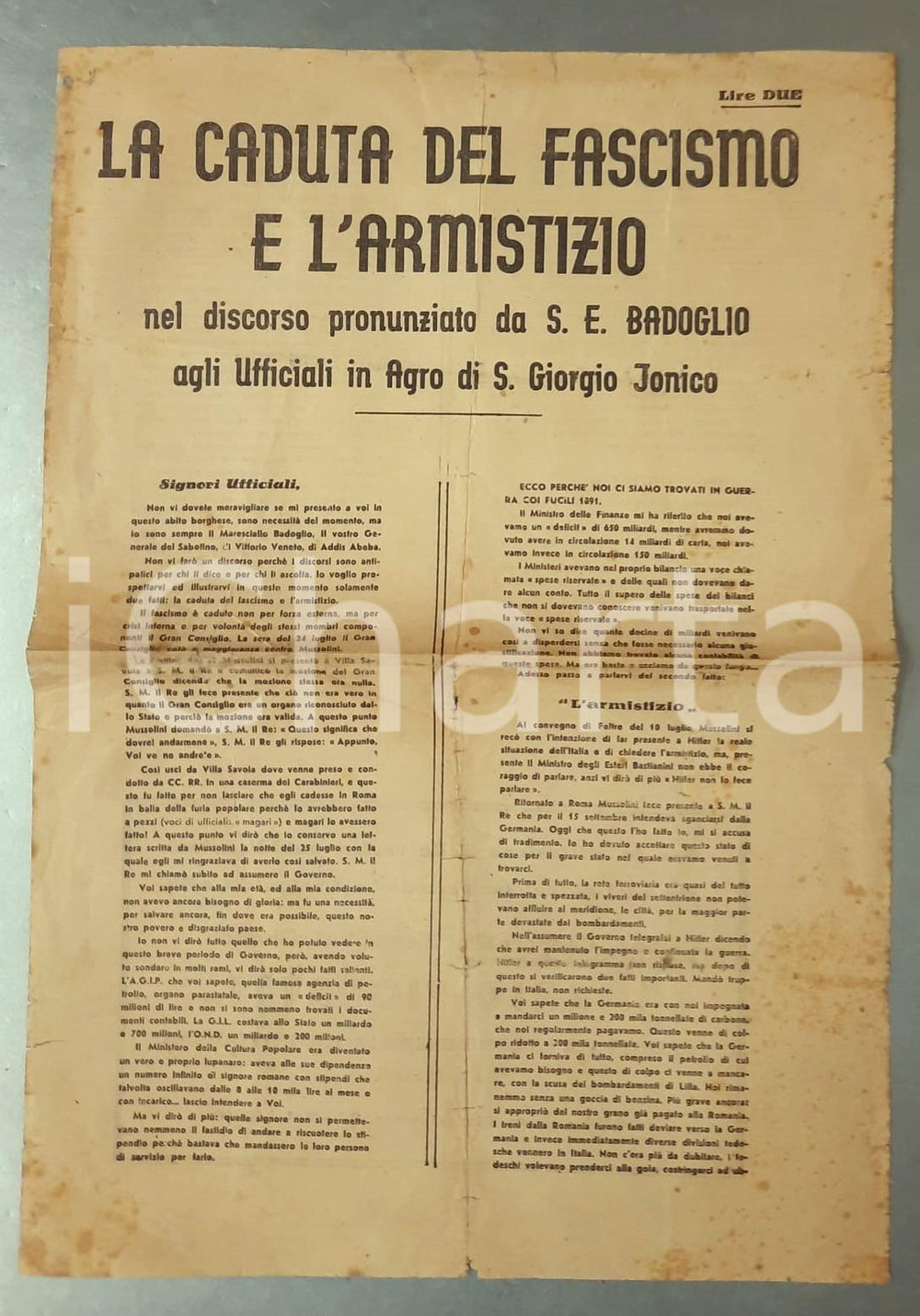 Giornale, rivista storica 1943 WW2 Caduta fascismo e armistizio  Discorso BADOGLIO a S. Giorgio Jonico 1