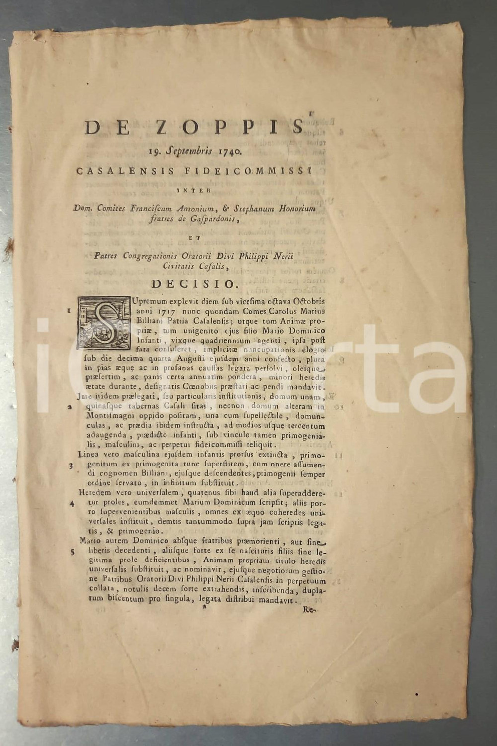Documento originale, autentico 1773 CASALE MONFERRATO Lite tra i conti GASPARDONE e Oratorio San Filippo Neri 1