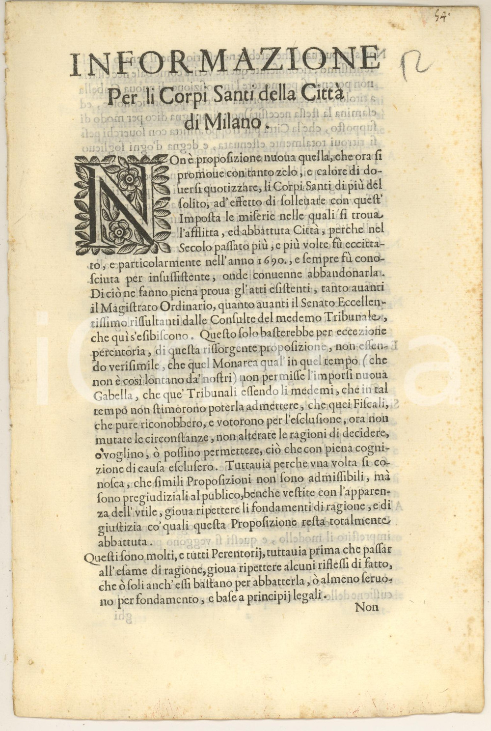 Documento originale, autentico 1714 MILANO Informazione per i Corpi Santi  Sull aggiunta di nuovi dazi 1