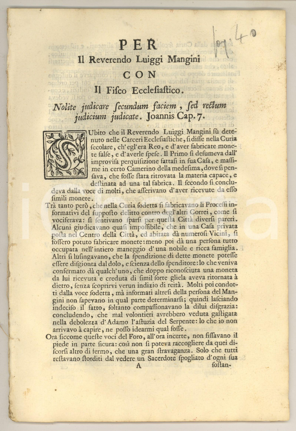 Documento originale, autentico 1710 ca MILANO Don Luigi MANGINI accusato di fabbricare monete false 40 pp. 1