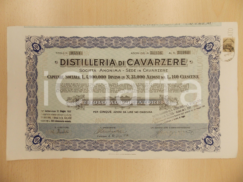 Oggetto da collezione cartaceo 1926 DISTILLERIA DI CAVARZERE Certificato azionario al portatore  5 azioni 3 1