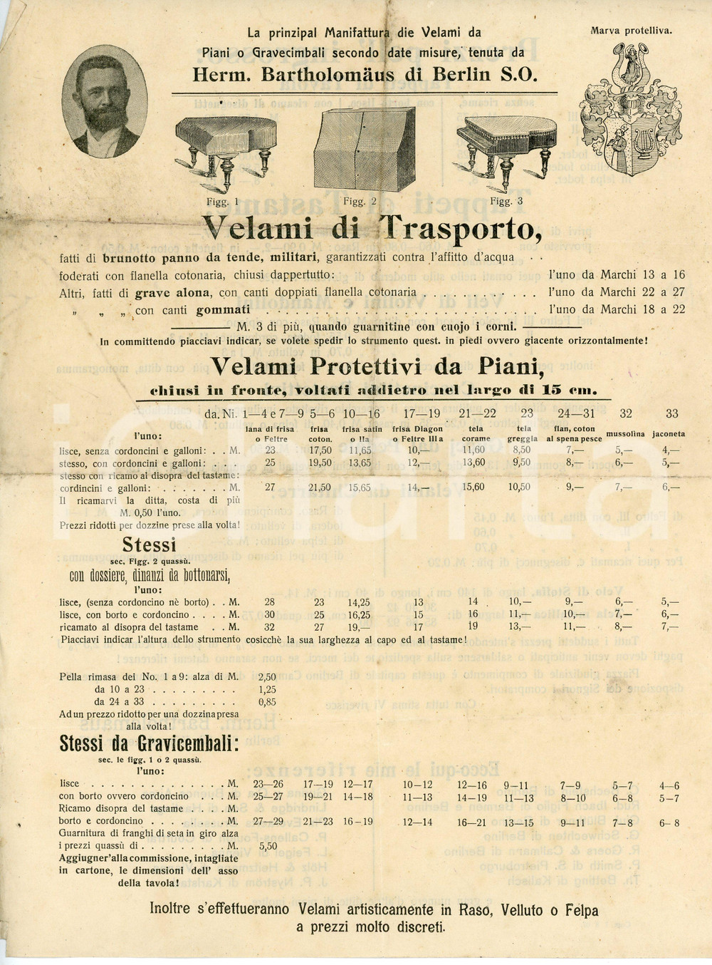 1900 ca BERLIN Herm. BARTHOLOMAUS Velami protettivi per pianoforti - Volantino Volantino illustrato d'epoca.PAGINE: 2 facciate FAIR/discreto Piegature d'epoca, gualciture e mancanze ai margini Formato: 22x29 cm originale e autentica 1