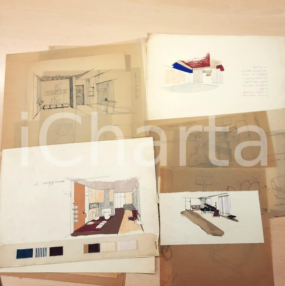 Stampa, bozzetto originale 1960 ca ARCHITETTURA INTERNI  Schizzi e disegni di arredamento Lotto 1