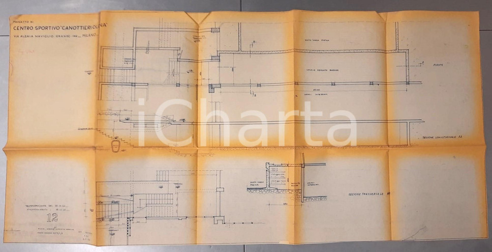 Mappa, planimetria storica 1963 MILANO NAVIGLI Progetto centro sportivo CANOTTIERI OLONA  Sezioni 1