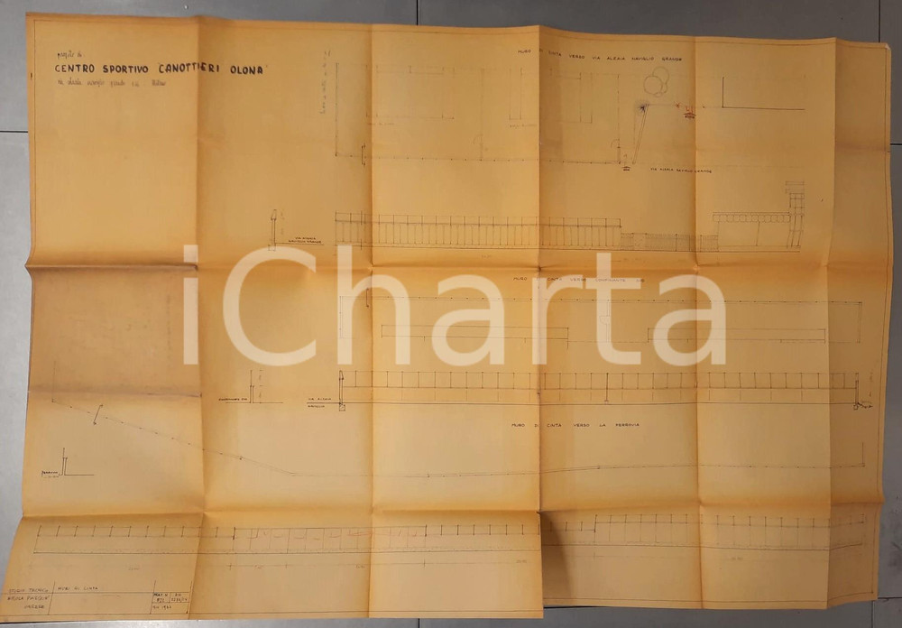 Mappa, planimetria storica 1963 MILANO NAVIGLI Progetto centro sportivo CANOTTIERI OLONA  Muri di cinta 1