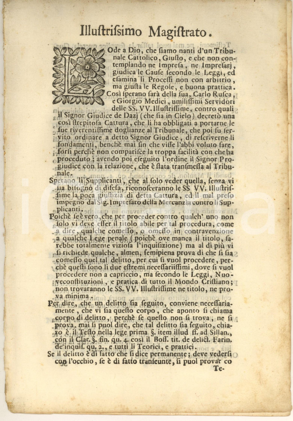 Documento originale, autentico 1710 ca MILANO Carlo RUSCA e Giorgio MEDICI  Importazione gallette senza dazio 1