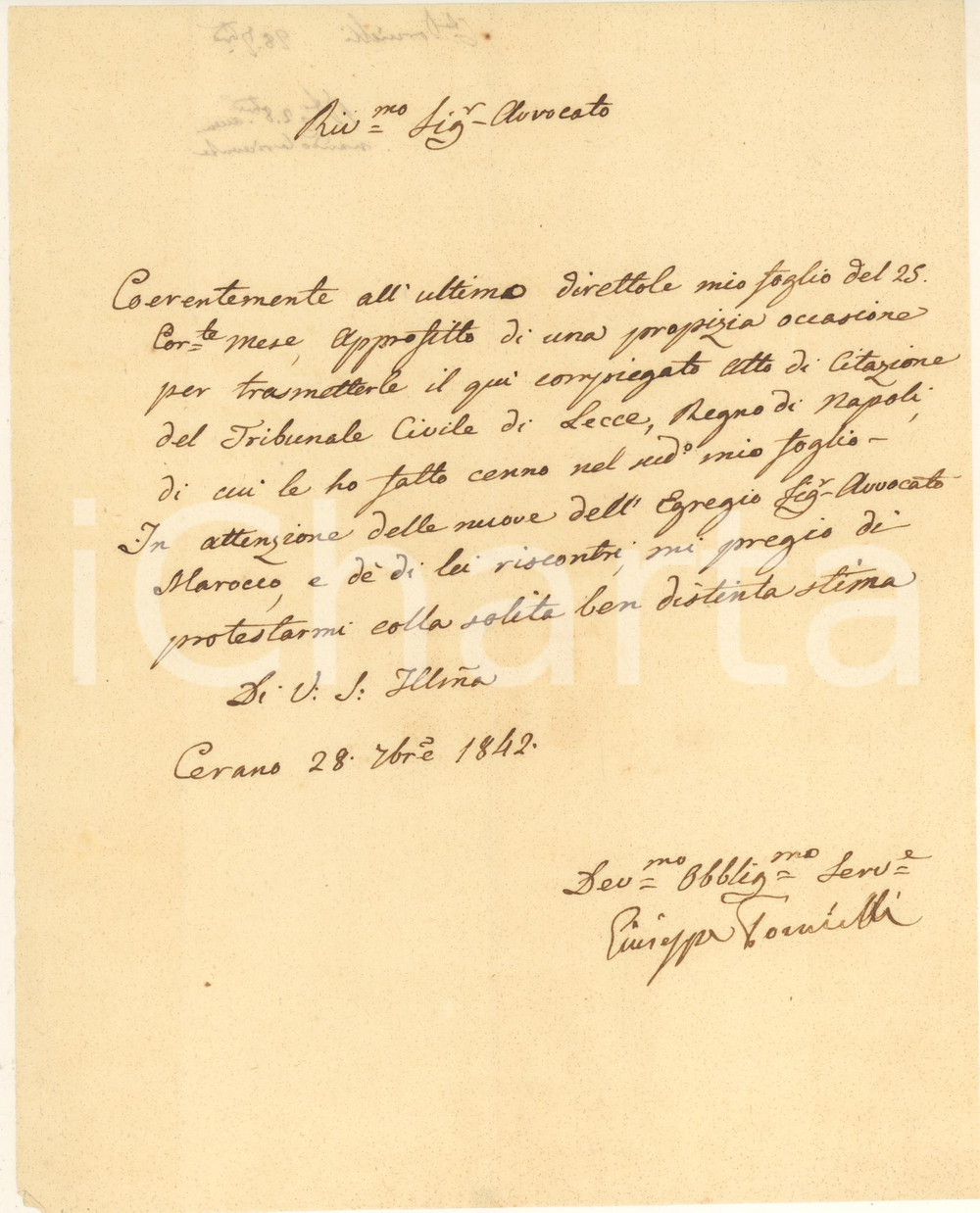 1842 CERANO Conte Giuseppe Bendetto TORNIELLI al suo avvocato *Autografo Lettera autografa del conte Giuseppe Maria Benedetto Tornielli, politico ed ex viceré di Sardegna.PAGINE: 1 FAIR/discreto piegature d'epoca Formato: 20x25 cm originale e autentica 1