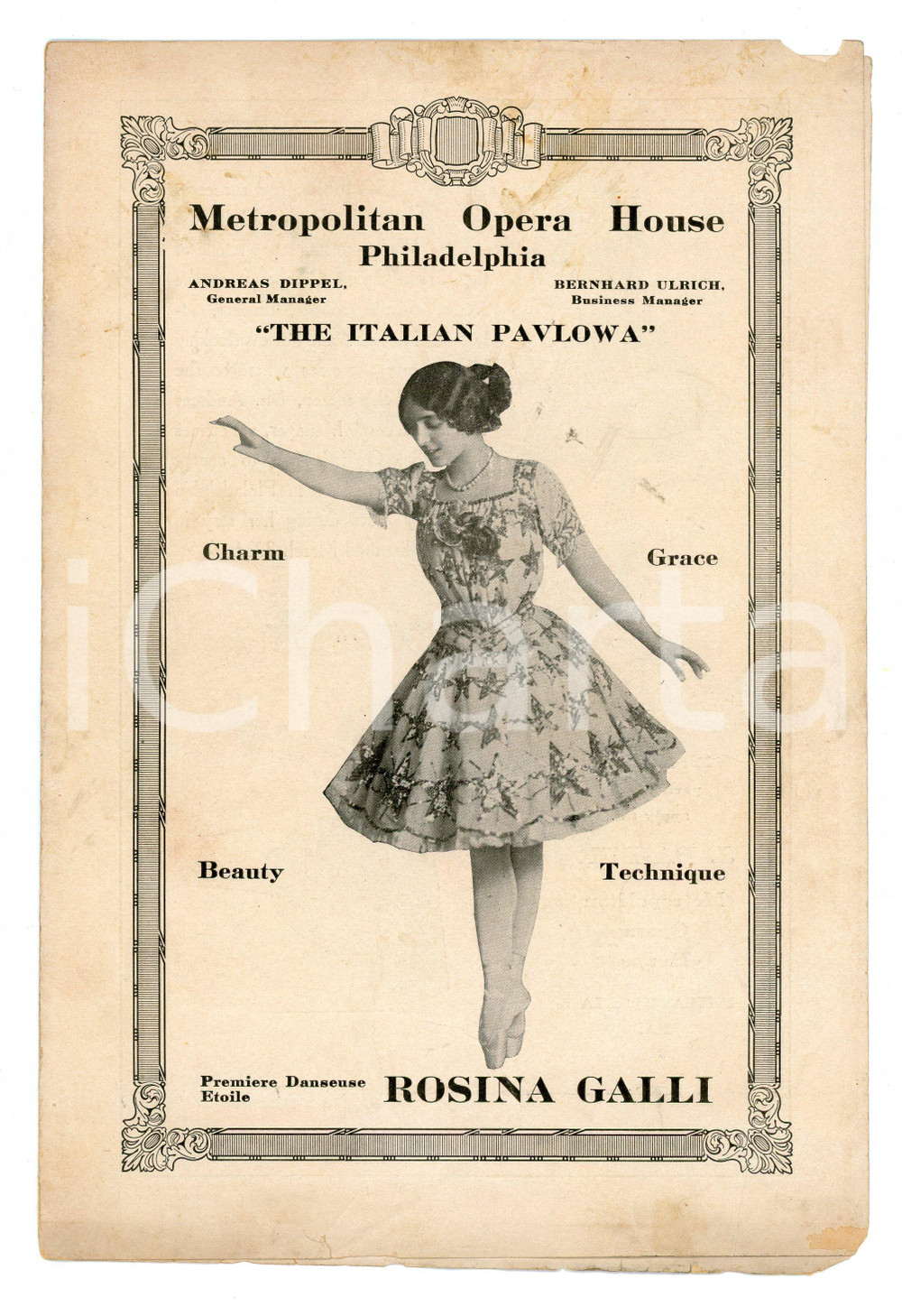 1920 ca PHILADELPHIA Rosina GALLI at Metropolitan Opera House - Brochure Pieghevole illustrato d'epoca.PAGINE: 4 facciate POOR/danneggiato Mancanze e piccoli strappi ai margini, bruniture Formato: 15x23 cm originale e autentica 1