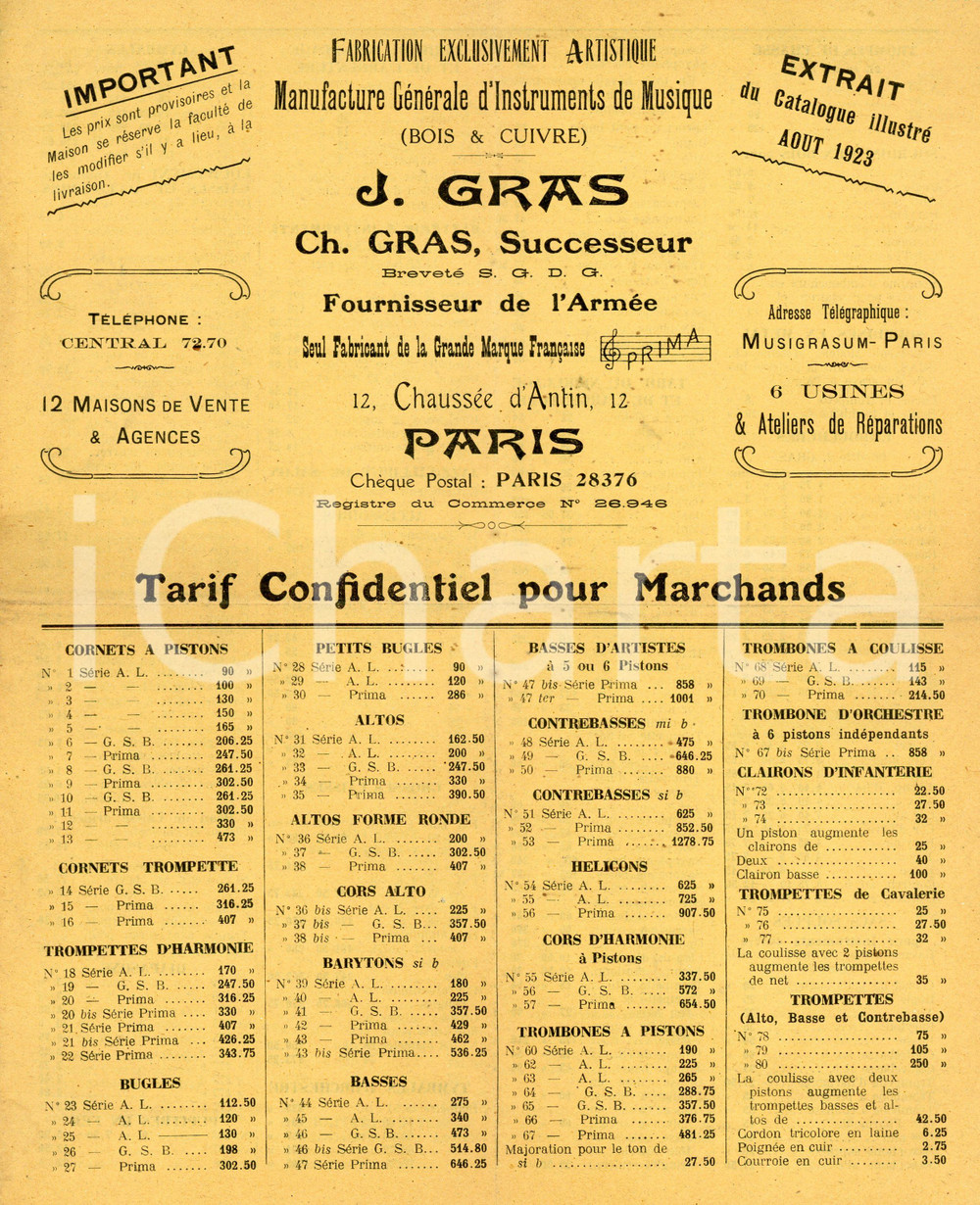 1923 PARIS Manufacture instruments de musique J. GRAS - Tarif pour marchands Tariffario d'epoca, con lettera da accompagnamento non compilata. POOR/danneggiato Piegature d'epoca, bruniture e macchie, piccoli strappi e mancanze al margine superiore Formato: 21x27 cm originale e autentica 1