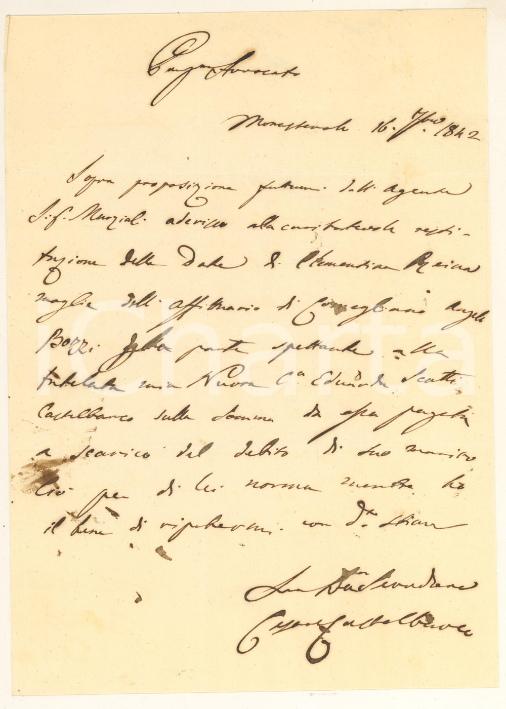 1842 MONASTEROLO Conte Cesare Pompeo CASTELBARCO su credito nuora *Autografo Lettera interamente autografa del noto politico e intellettuale milanese Cesare Pompeo Castelbarco, relativa alla restituzione di un credito spettante alla nuora, contessa Edoarda Scotti Castelbarco.PAGINE: 4 (1 scritta) FAIR/discreto piegature d'epoca; lievi macchie Formato: 16x23 cm originale e autentica 1