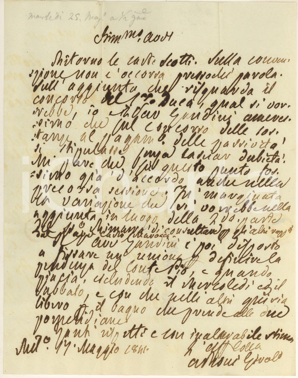 1841 MILANO Lettera avvocato Girolamo ROSSI per interessi conti GALLARATI SCOTTI Lettera autografa dell'avvocato Girolamo Rossi, relativa a interessi dei conti Gallarati Scotti, in particolare del conte Pio.PAGINE: 4 (1 scritta) FAIR/discreto piegature d'epoca Formato: 21x26 cm originale e autentica 1