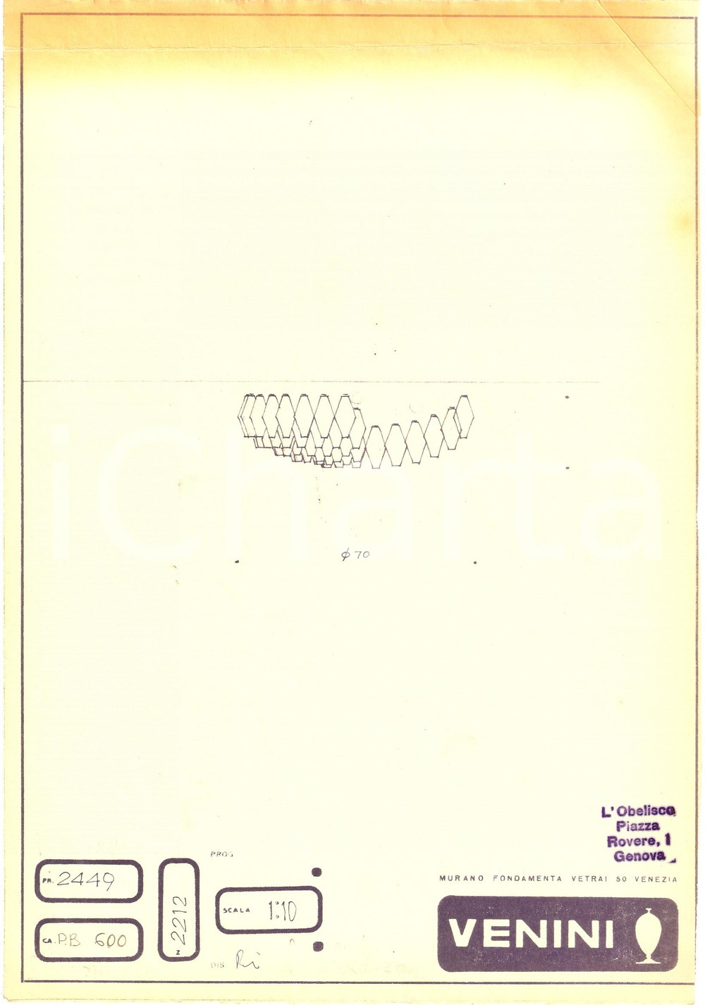 Materiale pubblicitario d’epoca 1960 ca MURANO VENEZIA vetrai VENINI Disegno plafoniera Eliografia 1 1