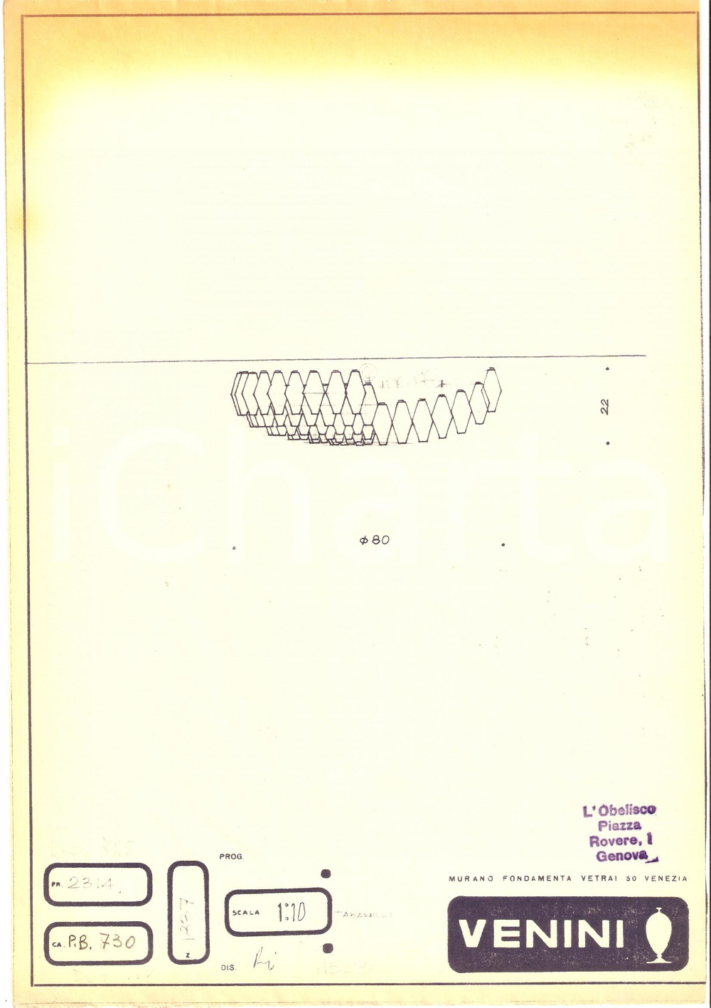Materiale pubblicitario d’epoca 1960 ca MURANO VENEZIA vetrai VENINI Disegno plafoniera Eliografia 2 1