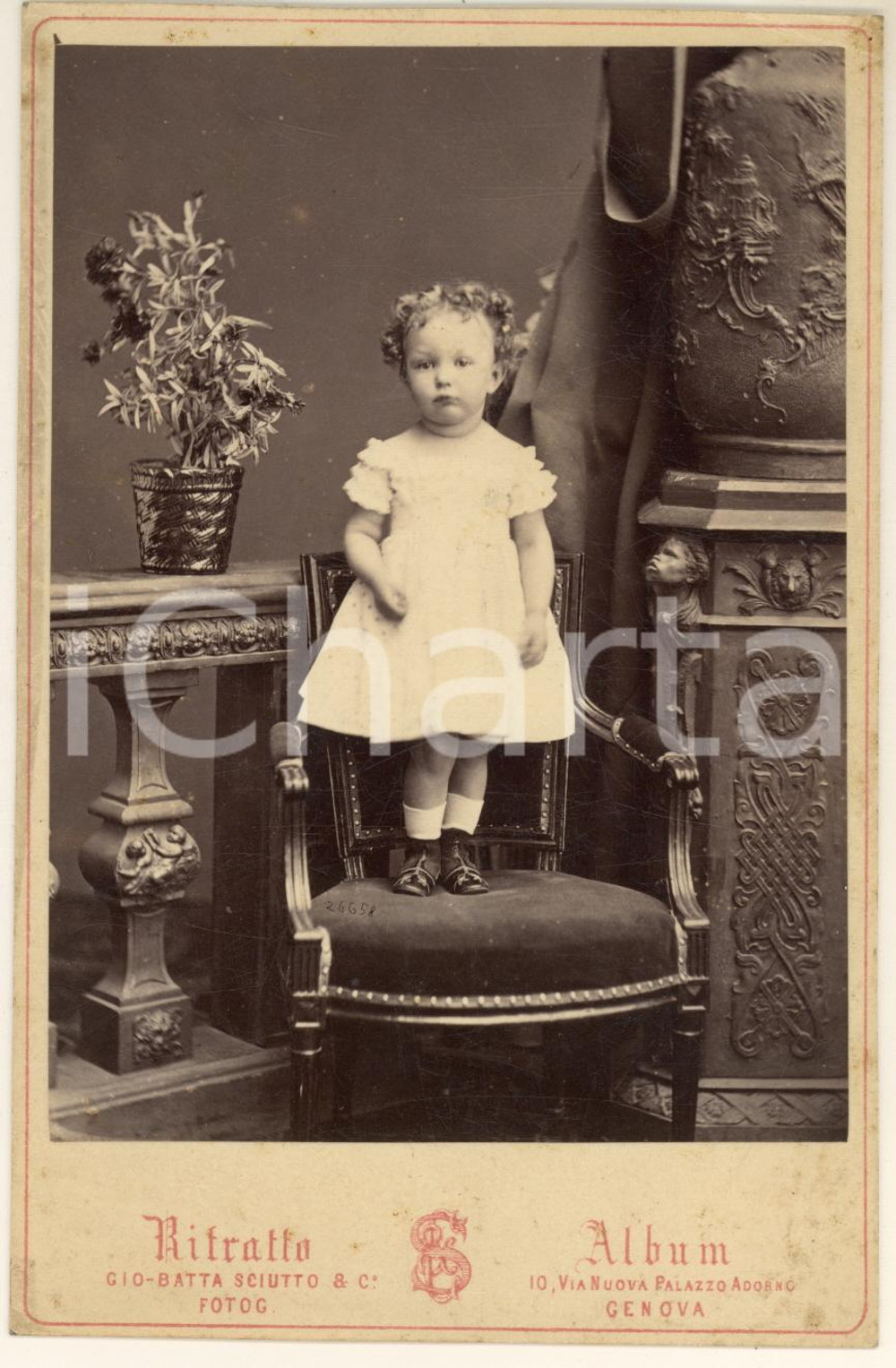 1871 GENOVA Ritratto di bambina con vaso di fiori - Foto G. B. SCIUTTO (2)  Fotografia d'epoca.FOTOGRAFO: G. B. Sciutto - Genova FAIR/discreto lieve piegatura angolare; macchie Formato: 10x16 cm originale e autentica 1