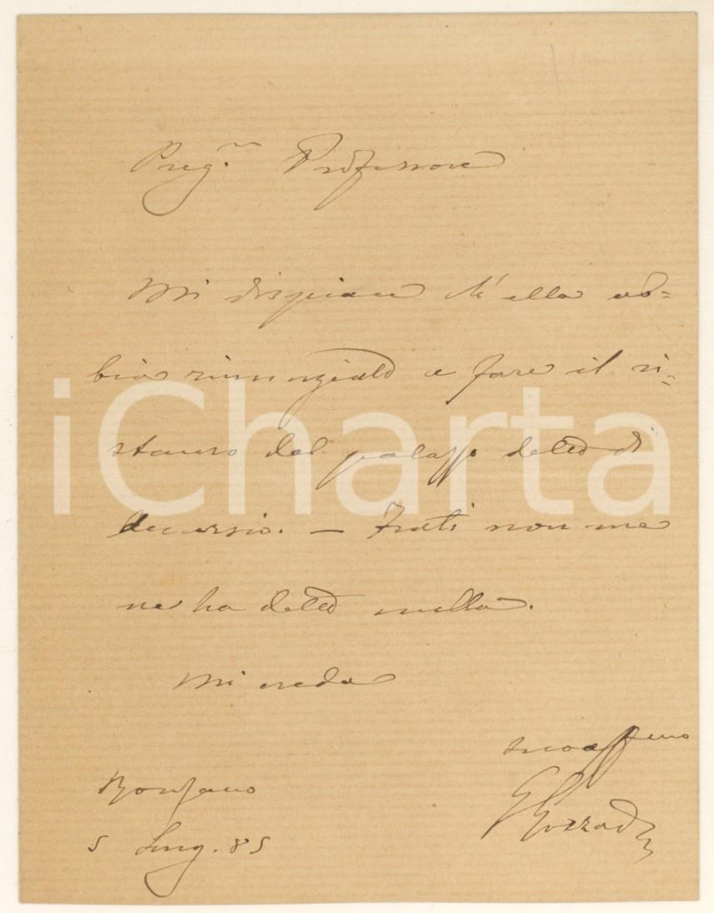 1885 RONZANO Lettera Giovanni GOZZADINI su un restauro *AUTOGRAFO Lettera interamente autografa, originale d'epoca, del politico e archeologo Giovanni Gozzadini, che si rammarica con un non identificato professore del fatto che non potrà fare il restauro di un palazzo.PAGINE: 4 (1 scritta) FAIR/discreto piegature d'epoca Formato: 10x13 cm originale e autentica 1