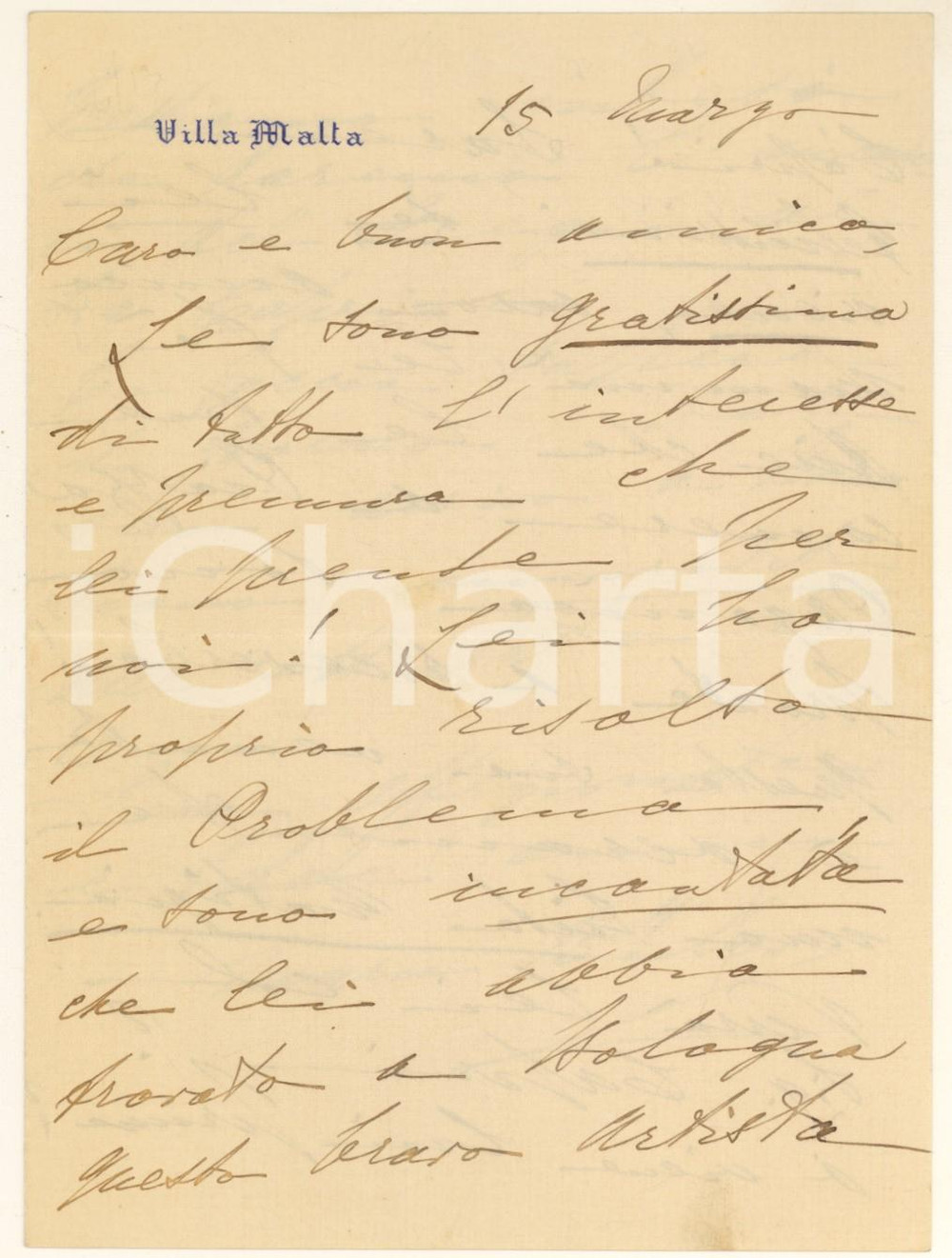 1900 ca ROMA Villa Malta - Lettera Maria BECCADELLLI VON BULOW *AUTOGRAFO Lettera interamente autografa della nobildonna Maria Beccadelli di Bologna, moglie dell'ambasciatore Bernhard von Bülow, che invita un amico a trovarli.Carta intestata di Villa Malta, la residenza romana dei due coniugiSu carta intestata.PAGINE: 4 (1 bianca) FAIR/discreto piegature d'epoca Formato: 12x17 cm originale e autentica 1