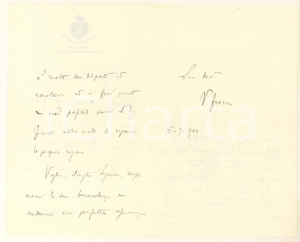 1900 ROMA Lettera Vittorio FIORINI - Ministero dell'Istruzione *AUTOGRAFO Lettera interamente autografa di Vittorio Fiorini, relativa a un appuntamento ottenuto al ministero.Su carta intestata "Ministero dell'Istruzione - Gabinetto del sottosegretario di Stato".PAGINE: 4 (1 bianca) FAIR/discreto piegature d'epoca Formato: 12x17 cm originale e autentica 1