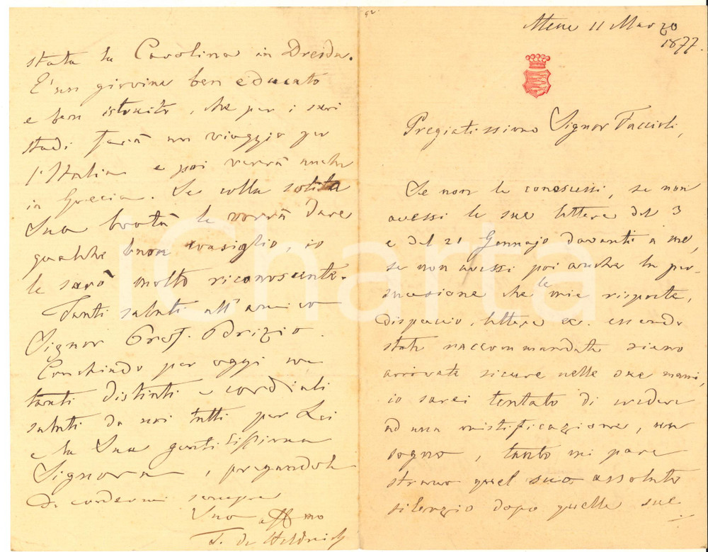 1877 ATENE Lettera Theodor von HELDREICH pro architetto VON HAKE *AUTOGRAFO Lettera interamente autografa, originale d'epoca, dello studioso Theodor Heinrich Hermann von Heldreich, direttore dell'Orto Botanico di Atene, che raccomanda il giovane architetto G. Von Hake, in viaggio in Italia per studio.Su carta intestata con stemma araldico.PAGINE: 4  POOR/danneggiato piegature d'epoca Formato: 13x21 cm originale e autentica 1