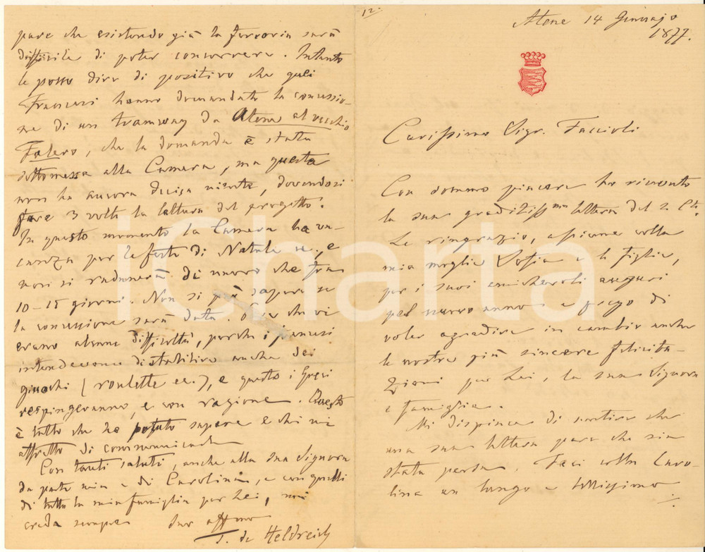 1877 ATENE Lettera Theodor von HELDREICH su progetti in zona FALERO *AUTOGRAFO Lettera interamente autografa, originale d'epoca, dello studioso Theodor Heinrich Hermann von Heldreich, direttore dell'Orto Botanico di Atene, che racconta dei progetti edilizi e di trasporti per la zona di Falero (attuale Faliro / Pireo):"...vi sono due francesi, rappresentanti di una società, per fare un tramway da qui al così detto Vecchio Falero...ove faranno poi un teatro ed altri stabilimenti di divertimenti..".Su carta intestata con stemma araldico.PAGINE: 4 POOR/danneggiato piegature d'epoca; residuo cartaceo Formato: 13x21 cm originale e autentica 1