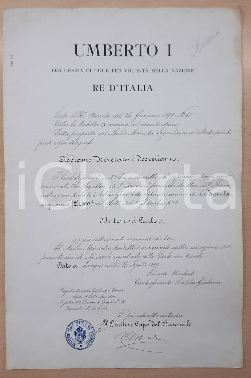 1899 POSTE E TELEGRAFI Decreto nomina Carlo ANTONINI vice segretario 1^ classe Decreto di nomina, originale d'epoca, con timbro ministeriale. FAIR/discreto lievi gualciture; piegatura centrale d'epoca; macchia al verso Formato: 25x37 cm originale e autentica 1