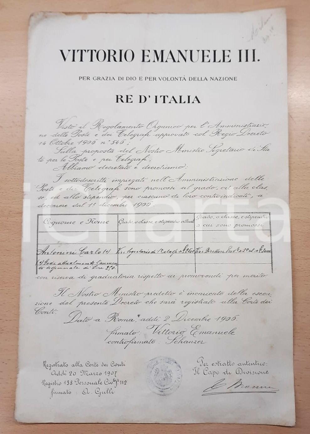 Documento originale, autentico 1906 POSTE E TELEGRAFI Decreto nomina Carlo ANTONINI vice direttore provinciale 1