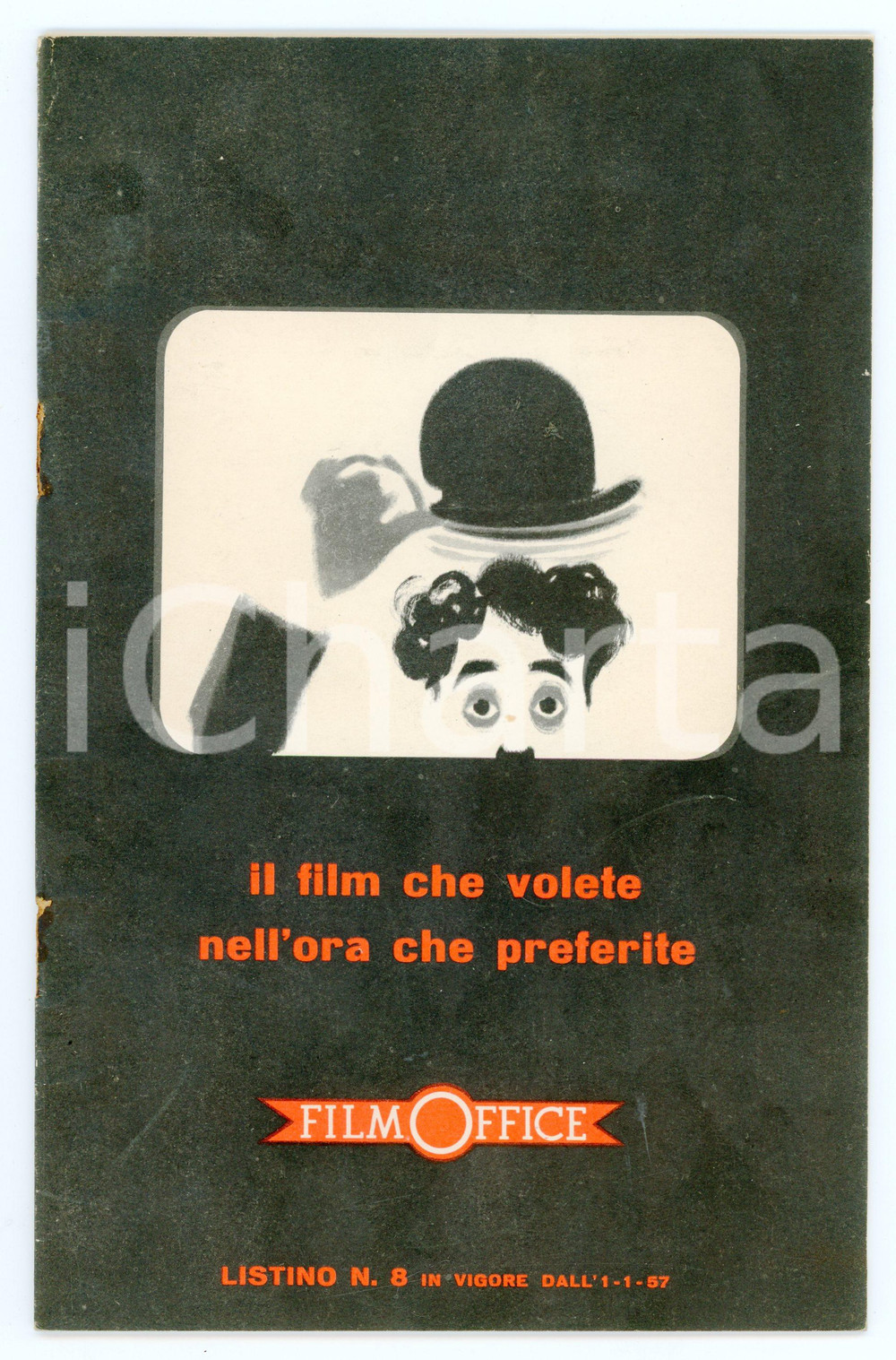 1956 TORINO - FILM OFFICE Listino film proiezione n.8 Walt DISNEY Chaplin Catalogo illustrato d'epoca.In quarta di copertina timbro "G. Matuella - Ottica foto cine, Milano"PAGINE: 19 POOR/danneggiato Macchie e fori al dorso, distacco totale delle pagine dalla legatura, bruniture Formato: 15x24 cm originale e autentica 1