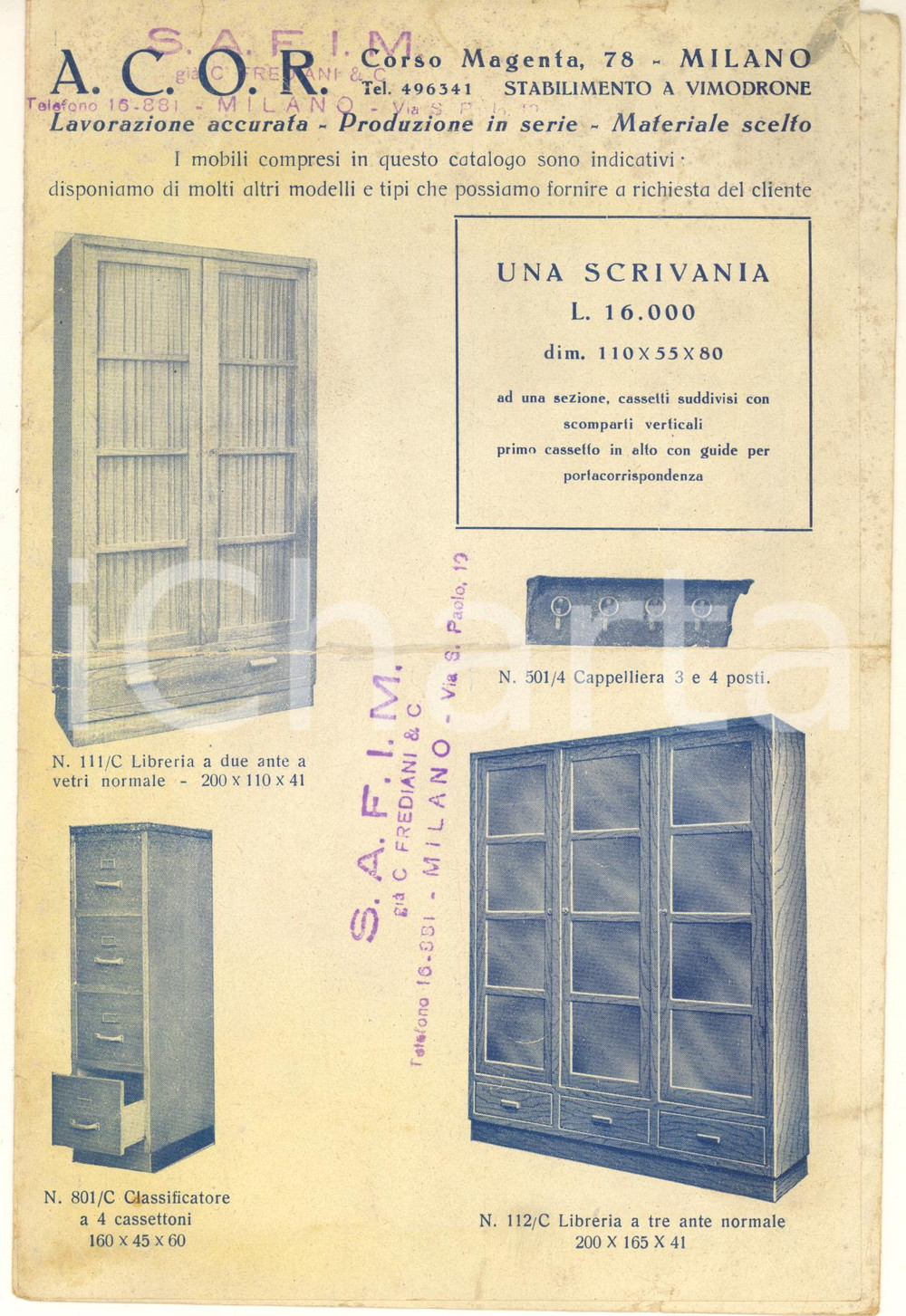 1930 ca MILANO Corso Magenta - Ditta A.C.O.R. mobili ufficio *Pieghevole Pieghevole pubblicitario originale d'epoca, illustrato.Su 3 facciate fronte/retro. POOR/danneggiato piegature d'epoca Formato: 15x23 cm (chiuso) originale e autentica 1