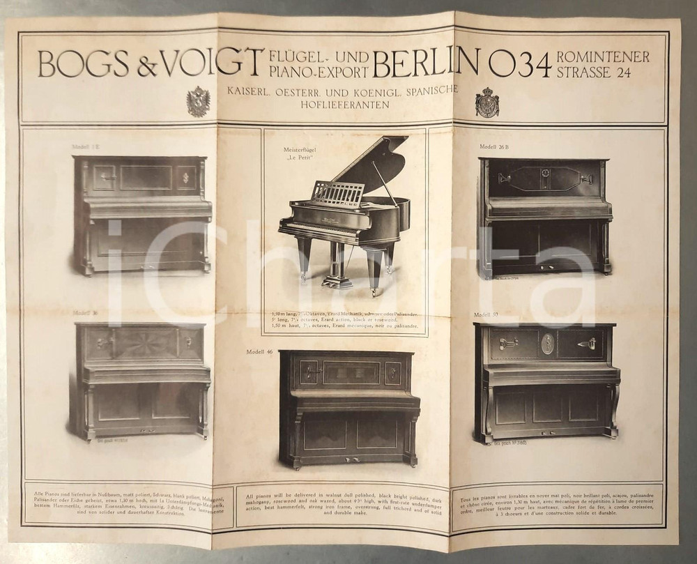 1910 ca BERLIN - BOGS & VOIGT Pianoforti - Manifestino pubblicitario 44x34 cm Manifestino pubblicitario originale d'epoca. FAIR/discreto piegature d'epoca; lievi fioriture Formato: 44x34 cm originale e autentica 1