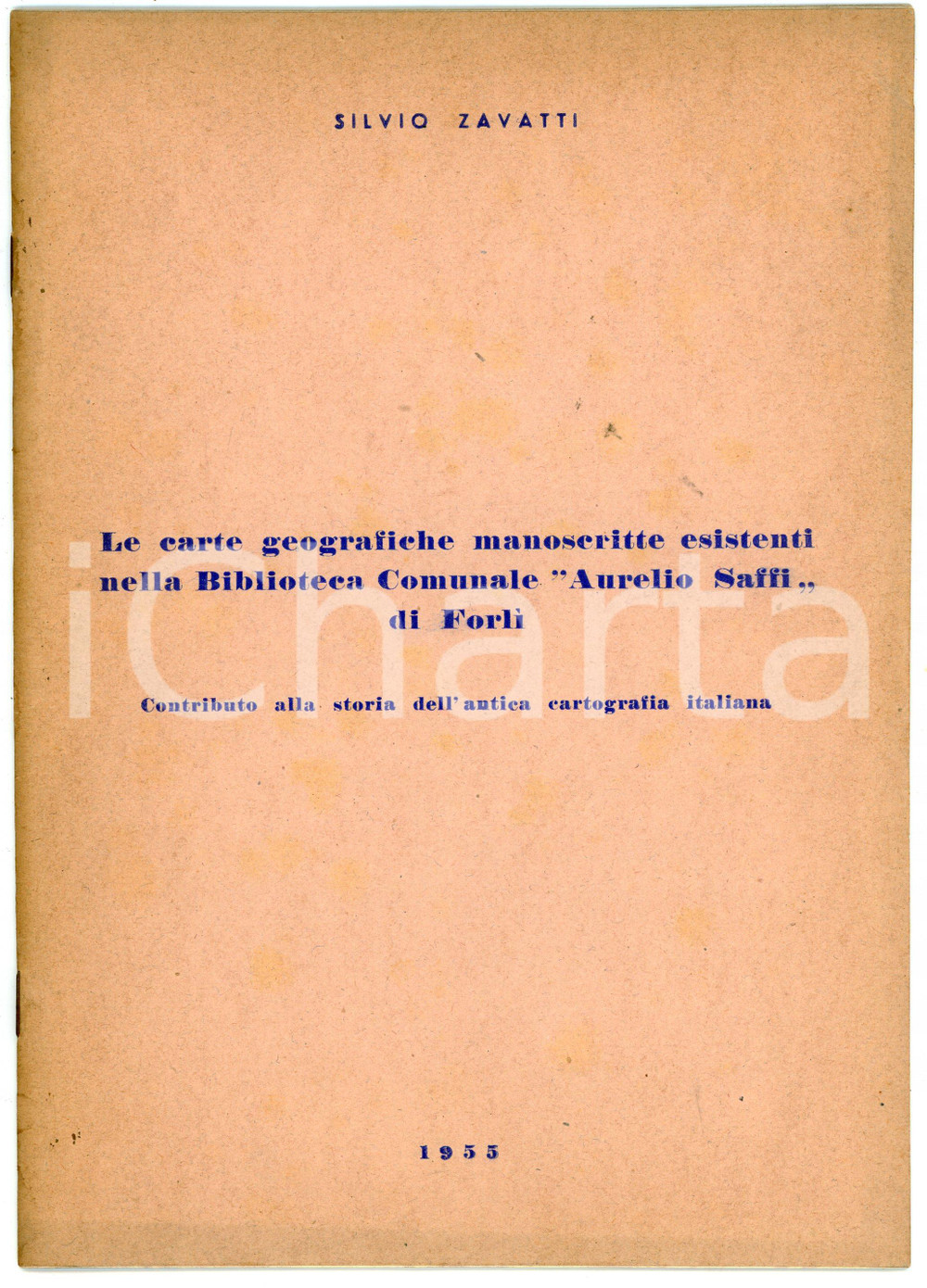 1955 Silvio ZAVATTI Carte geografiche nella biblioteca comunale di Forlì Pubblicazione d'epoca.TITOLO: Le carte georgrafiche manoscritte esistenti nella Biblioteca Comunale "Aurelio Saffi" di Forlì - Contributo alla storia dell'antica cartografia italianaEDITORE: Tipografia Corsi - Civitanova MarchePAGINE: 15 POOR/danneggiato Bruniture diffuse in copertine e nelle pagine Formato: 16x24  cm originale e autentica 1