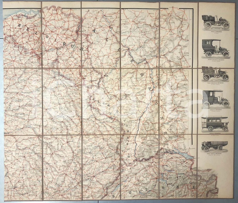 1910 ca Confine FRANCIA-GERMANIA - Nord-Est *Mappa automobilistica su tela 70x80 Mappa pieghevole originale d'epoca, montata su tela.EDITORE: Dion Bouton - Paris GOOD/buono  Formato: 70x80 cm originale e autentica 1