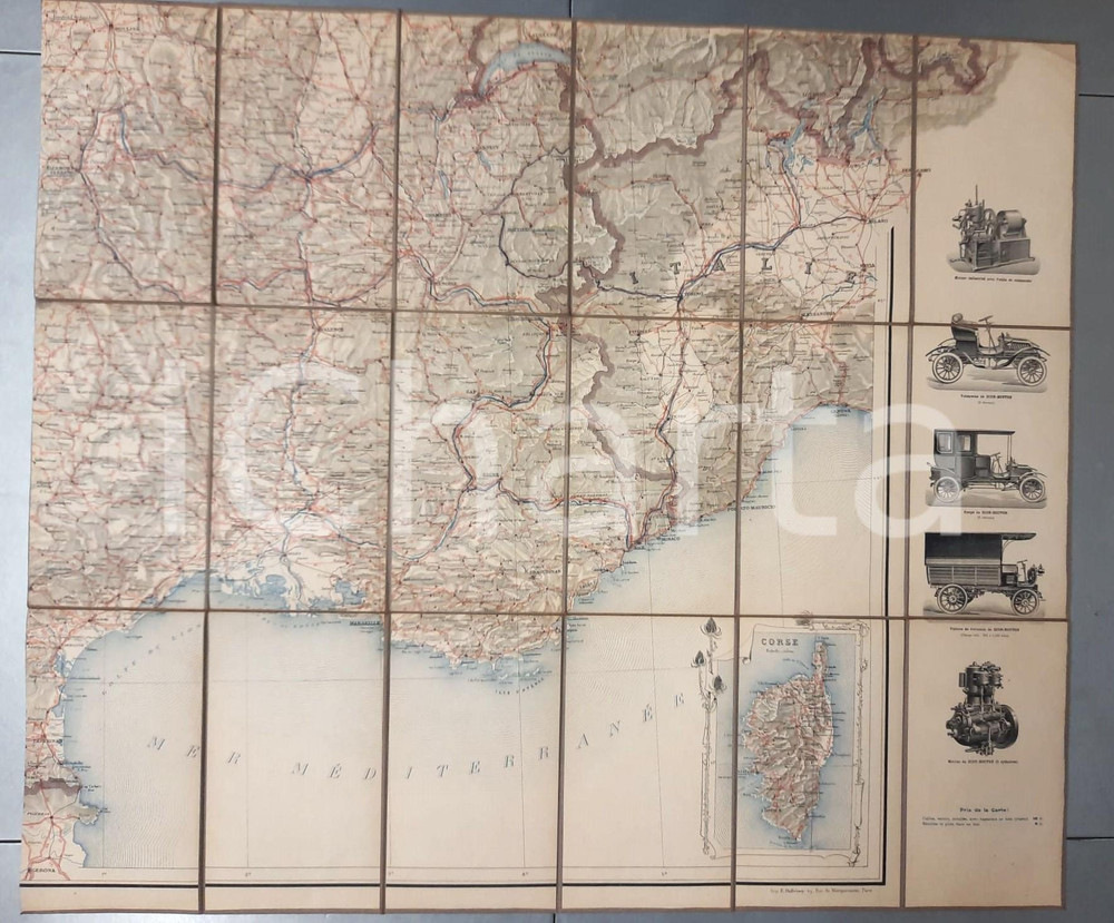 1910 ca Confine FRANCIA-ITALIA- Sud-Est *Mappa automobilistica su tela 70x80 Mappa pieghevole originale d'epoca, montata su tela.EDITORE: Dion Bouton - Paris GOOD/buono  Formato: 70x80 cm originale e autentica 1