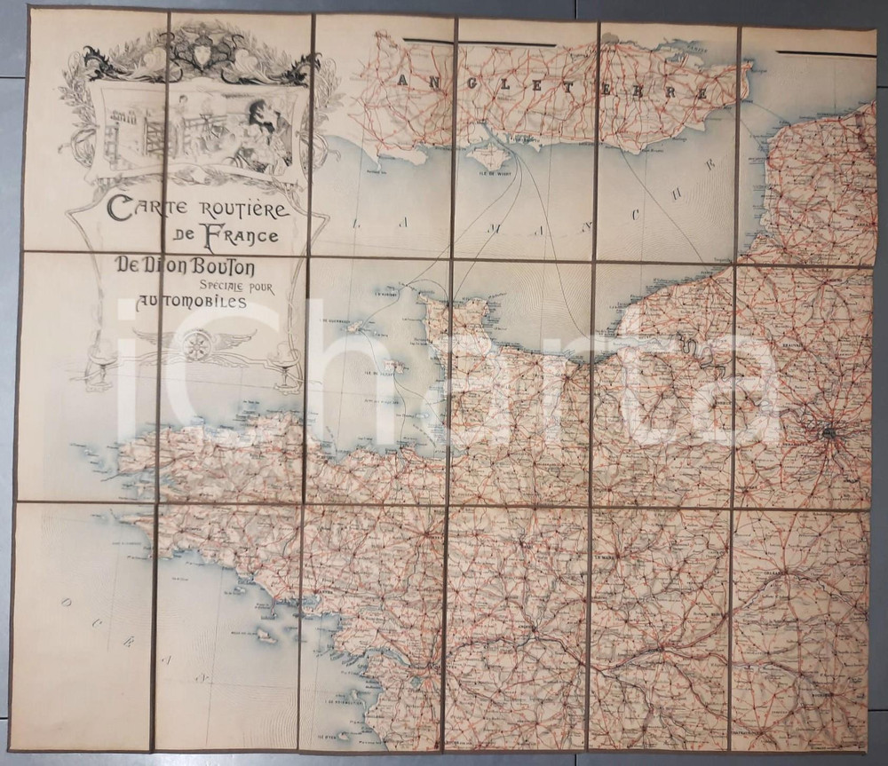 1910 ca FRANCIA Nord-Ovest - Mappa automobilistica su tela *DION BOUTON 70x80 Mappa pieghevole originale d'epoca, montata su tela, con bella intestazione illustrata.EDITORE: Dion Bouton - Paris GOOD/buono  Formato: 80x70 cm originale e autentica 1