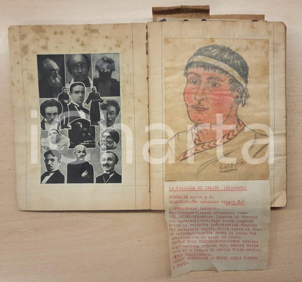 1940 ca ROMA Antonio MARINI - Quaderno tecniche trucco *Disegni AUTOGRAFI Raro e interessante quaderno, realizzato da Antonio Marini, celebre truccatore del Regio Teatro dell'Opera di Roma. Il quaderno contiene numerosi ritagli di giornale e alcuni inserti dattiloscritti, relativi alla realizzazione dei trucchi di scena.Sono presenti, inoltre, due disegni originali realizzati e colorati a mano, autografati, che mostrano il trucco per Nicodemo nella "Passione di Cristo" e per il Marchese di Forlipopoli nella "Locandiera".PAGINE: circa 60 utilizzate GOOD/buono lievi tracce d'uso Formato: 15x20 cm originale e autentica 1