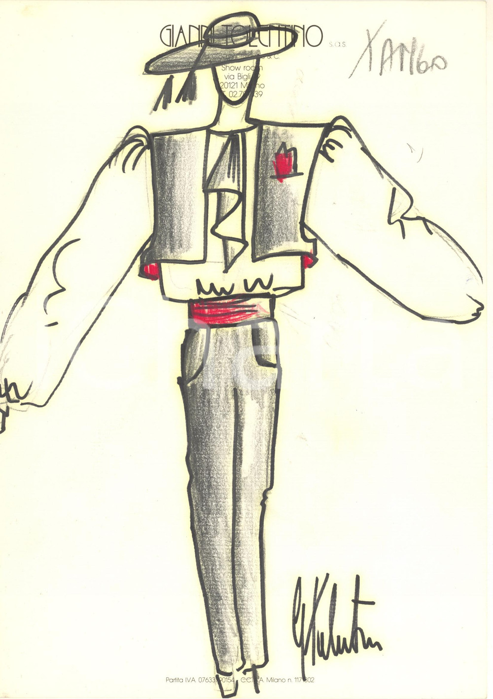 1990 ca MODA MILANO Gianni TOLENTINO - Bozzetto costume torero *AUTOGRAFO Bozzetto originale, autografo, realizzato a pennarello e pastello, di mano dello stilista Gianni Tolentino.Su carta, con intestazione dello showroom di via Bigli 19. GOOD/buono  Formato: 21x30 cm originale e autentica 1