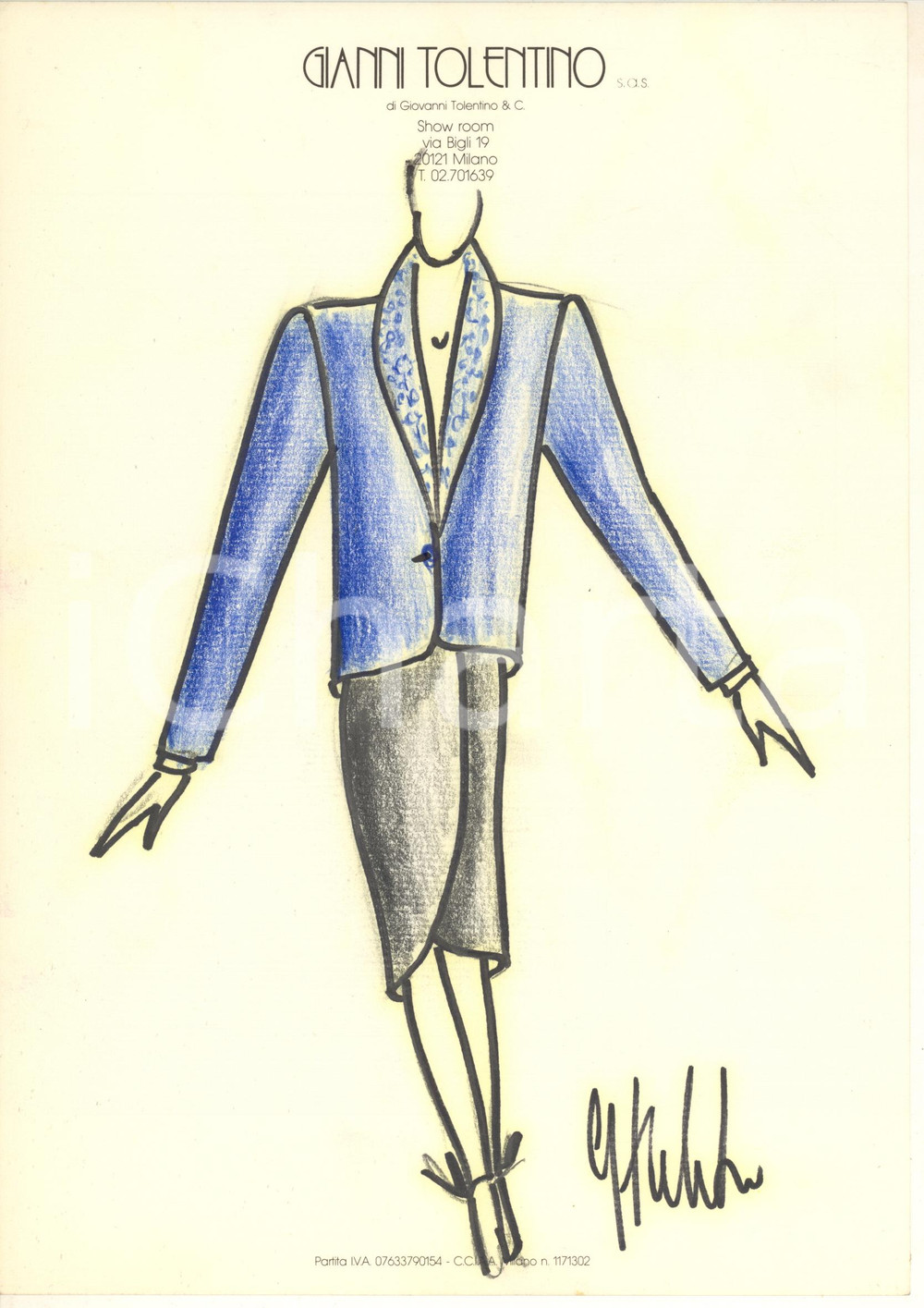 1990 ca MODA MILANO Gianni TOLENTINO - Bozzetto tailleur donna *AUTOGRAFO Bozzetto originale, autografo, realizzato a pennarello e pastello, di mano dello stilista Gianni Tolentino.Su carta, con intestazione dello showroom di via Bigli 19. GOOD/buono  Formato: 21x30 cm originale e autentica 1