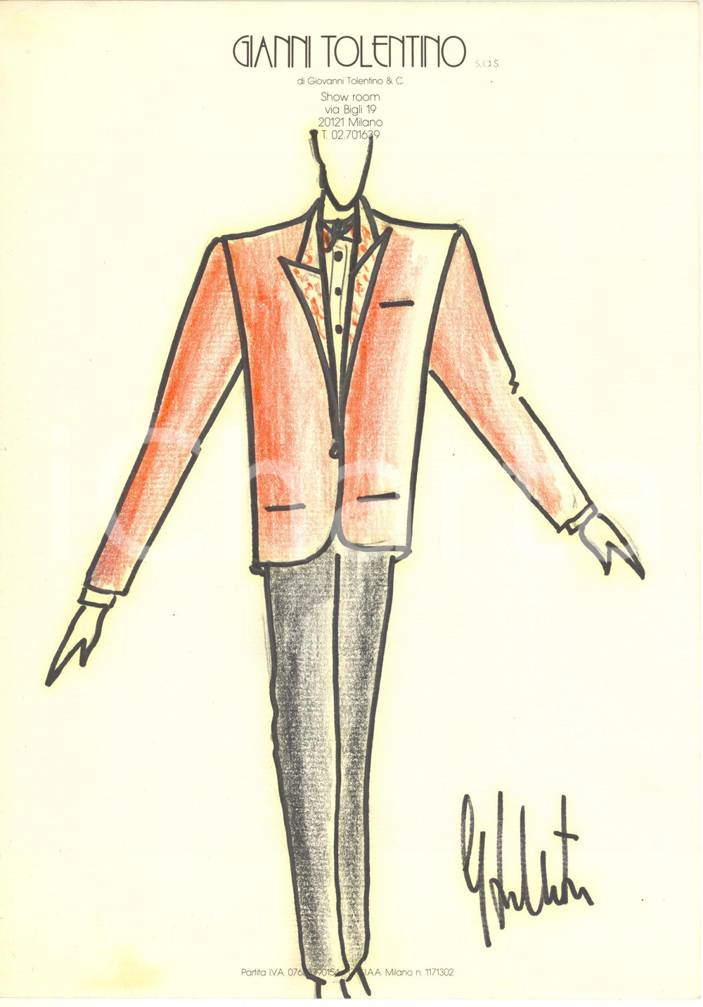 1990 ca MODA MILANO Gianni TOLENTINO - Bozzetto completo uomo *AUTOGRAFO Bozzetto originale, autografo, realizzato a pennarello e pastello, di mano dello stilista Gianni Tolentino.Su carta, con intestazione dello showroom di via Bigli 19. GOOD/buono  Formato: 21x30 cm originale e autentica 1