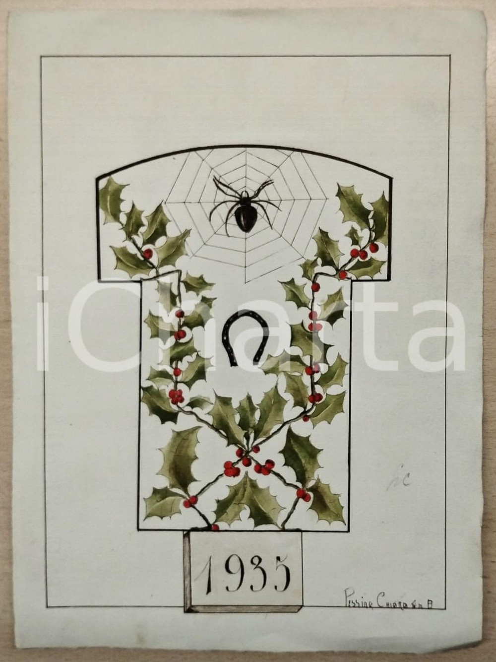 1935 ARTE Simboli di buona fortuna - Illustrazione originale di Chiara PESSINA Illustrazione originale d'epoca. FAIR/discreto Lievi piegature agli angoli Formato: 24x33 cm originale e autentica 1