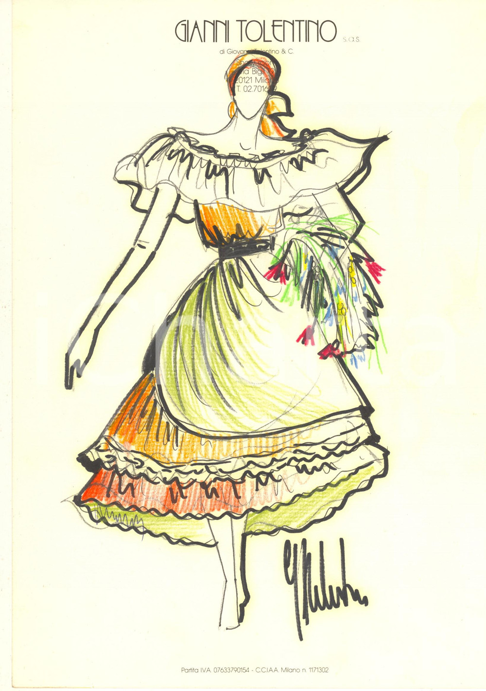1990 ca MODA MILANO Gianni TOLENTINO - Bozzetto costume gitana donna *AUTOGRAFO Bozzetto originale, autografo, realizzato a pennarello e pastello, di mano dello stilista Gianni Tolentino.Su carta, con intestazione dello showroom di via Bigli 19. GOOD/buono  Formato: 21x30 cm originale e autentica 1