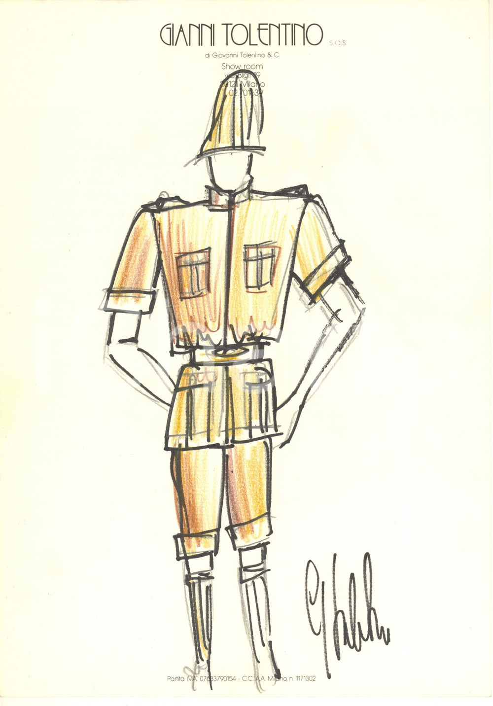1990 ca MODA MILANO Gianni TOLENTINO - Bozzetto costume esploratore *AUTOGRAFO Bozzetto originale, autografo, realizzato a pennarello e pastello, di mano dello stilista Gianni Tolentino.Su carta, con intestazione dello showroom di via Bigli 19. GOOD/buono  Formato: 21x30 cm originale e autentica 1
